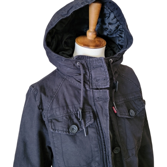 LEVI STRAUSS |Vintage Levi's Canvas Parka, Black, Hooded Quilted Retro Levi Sz.M - Picture 2 of 16